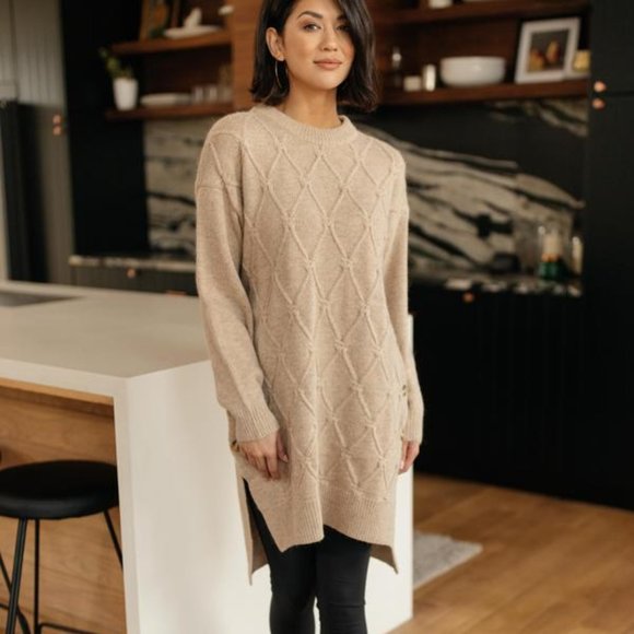 Diamond Details Sweater Dress/Tunic in Beige - Picture 3 of 5